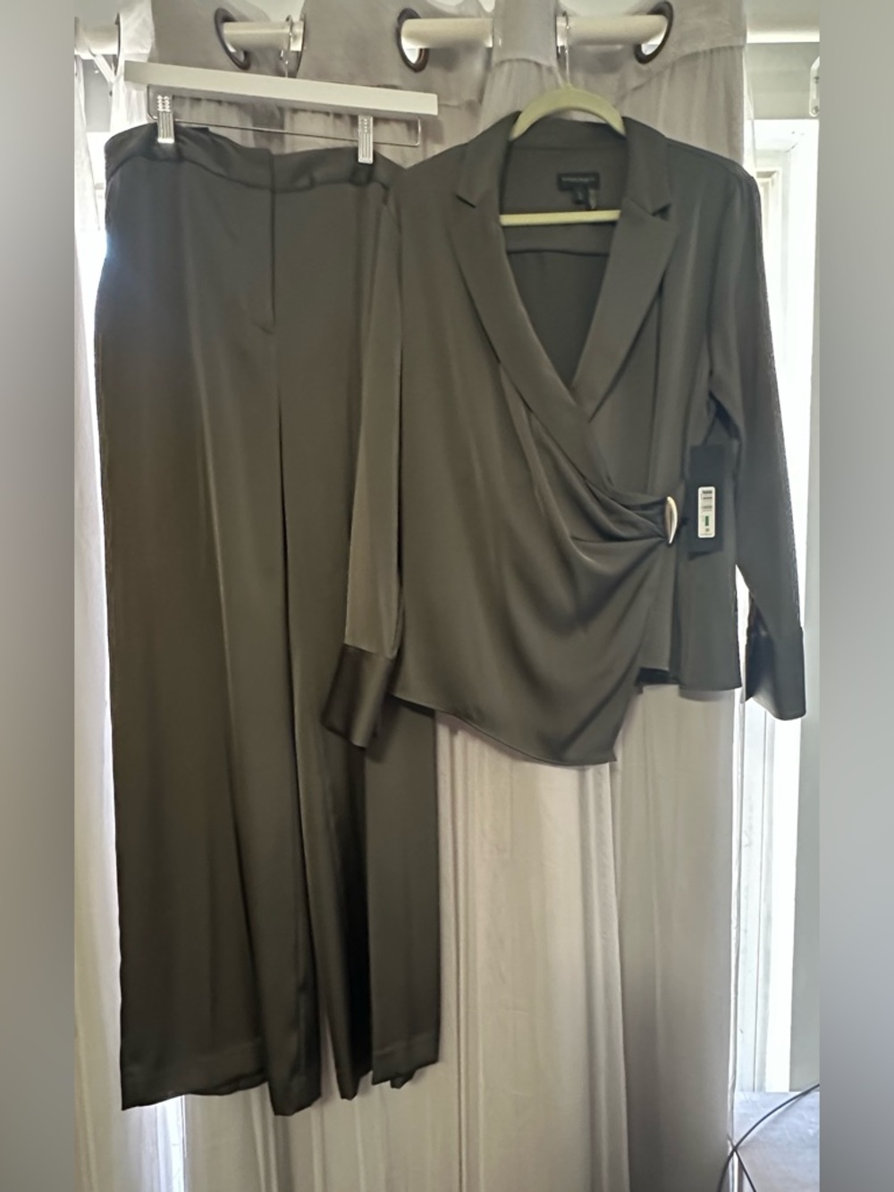 Donna Karan Olive Green Draped Set with Wide Leg Silhouette